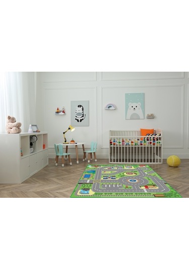 Kaymaz Tabanlı Ince Yıkanabilir Çocuk Halısı Trafik Çok Renkli