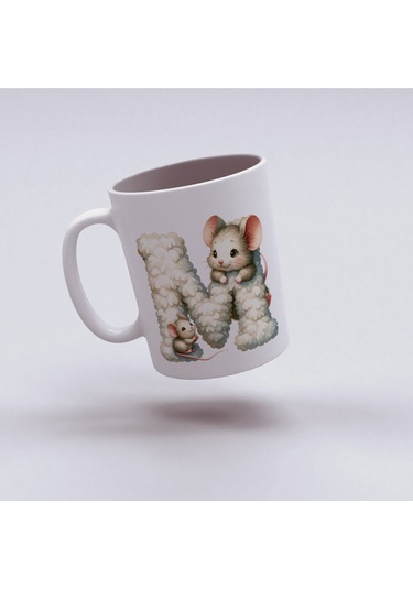 M Harfi Tasarım Bardak, Sevimli Hayvan Temalı Harf Bardağı Beyaz