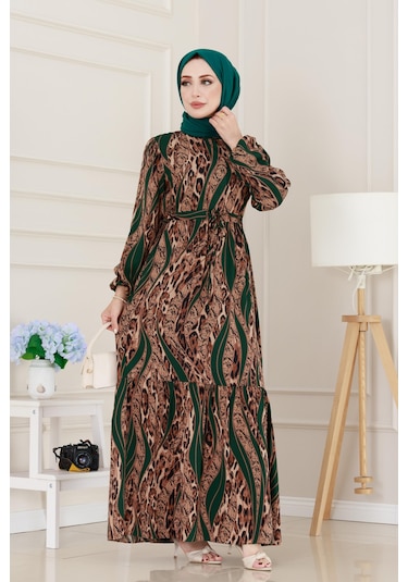 Sevitli Leopar Desenli Beli Tünelli Viscon Elbise-yeşil-5091 Yeşil