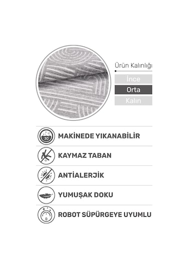 Revna Gri Yıkanabilir Halı Kaydırmaz Tabanlı Pamuk Dokuma Salon Mutfak Koridor İçin Gri
