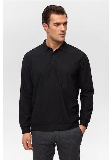 SÜVARİ Siyah Regular Düz Polo Yaka Sweatshirt Siyah