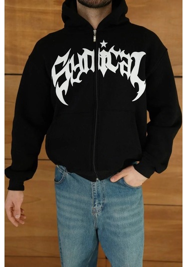 Erkek Kapüşonlu Sweatshirt Hoodie 3 İplik Şardonlu Pamuklu Kumaş, Önü Baskılı, Fermuarlı Rahat Kalı Siyah