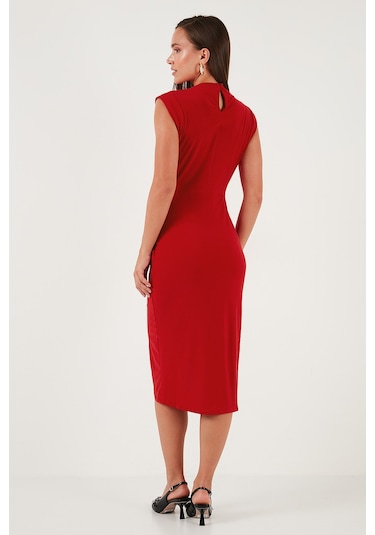 Lela Drape Ve Yırtmaç Detaylı Sıfır Yaka Kolsuz Midi Boy Bayan Elbise 611El694 Kırmızı