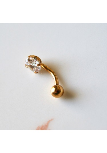 Heppii Cerrahi Çelik Ucu Taşlı Göbek Piercingi Gold Renkli Altın