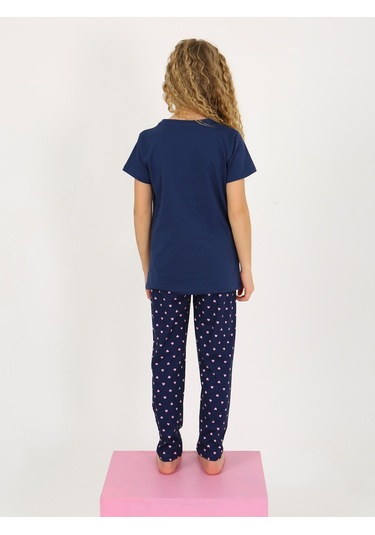 Kız Çocuk Kısa Kollu %100 Pamuklu Pijama Takımı Cute Love Lacivert