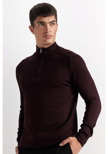 DeFacto Standart Fit Yarım Boğazlı Yarı Fermuarlı Triko Kazak D0624AX24AUBR34 Bordo