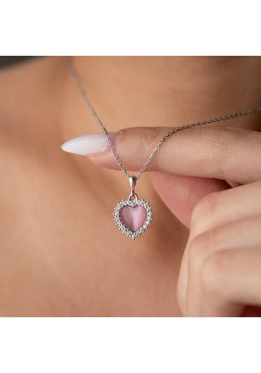 925 Ayar Gümüş Taşlı Bombeli Kedi Pembe Gözü Kalp Kolye Gümüş