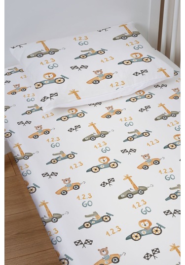 Organik Bebek Boy Lastikli Çarşaf Seti 70x110 - Minik Yarışçılar