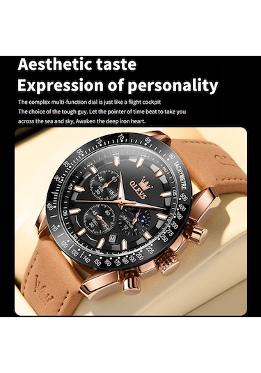 Olevs 9957 Erkekler Aydınlık Su Geçirmez Deri Kayış Kuvars Saat Siyah + Gül Altın