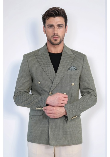 Çizgili Kruvaze Tek Ceket Yeşil