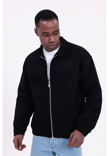 Freemen Erkek Basic Gabardin Kumaş Fermuarlı Oversize Mevsimlik Polo Yaka Ceket Siyah