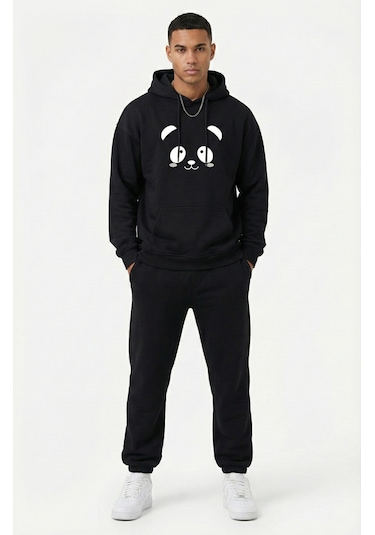 Nevermind Unisex Sevgili Çift Kombini Oversize Panda Baskılı Çift Hoodie Siyah