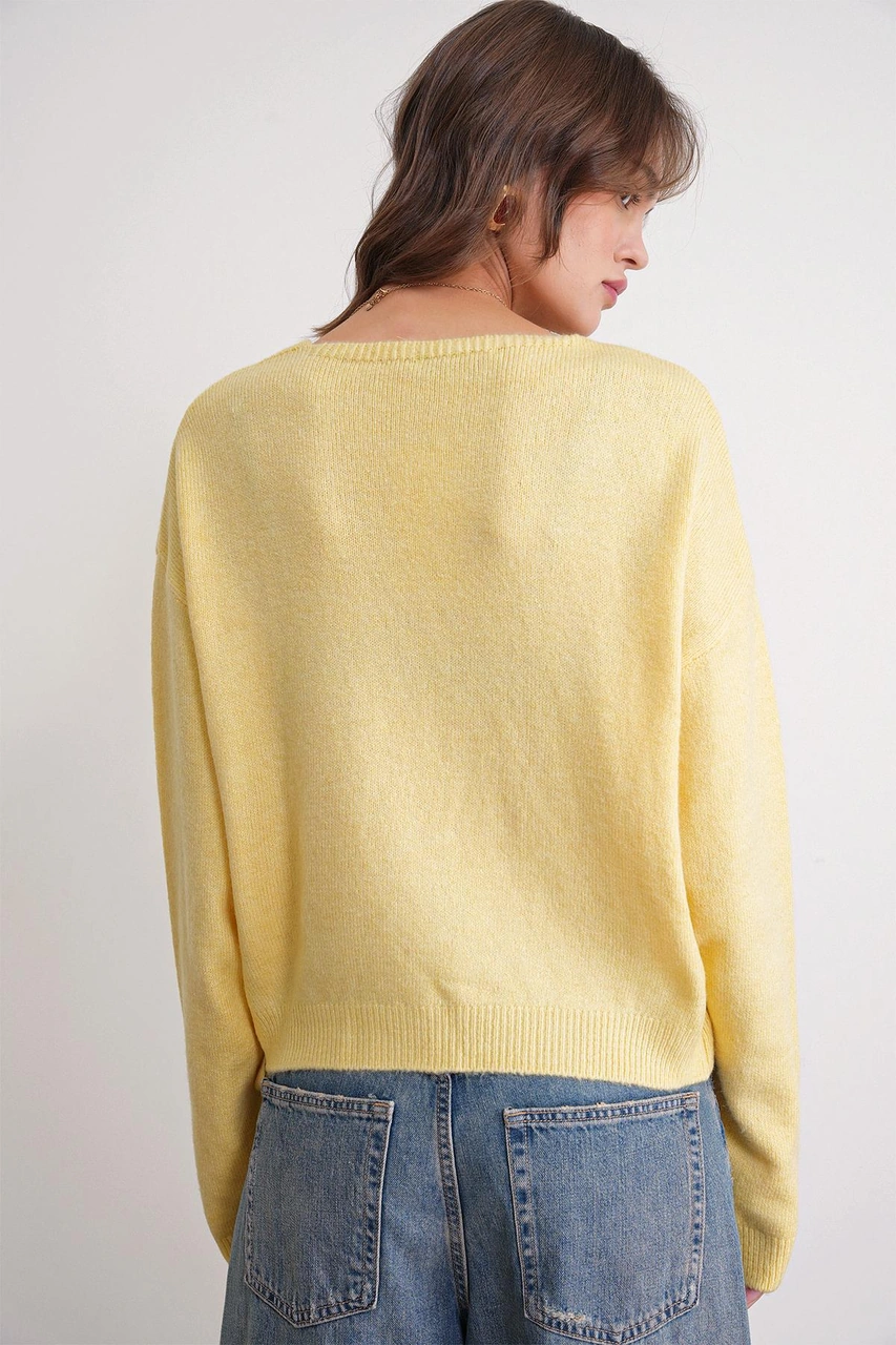 6959 Kadın Fiyonklu Triko Hırka Sarı Sarı