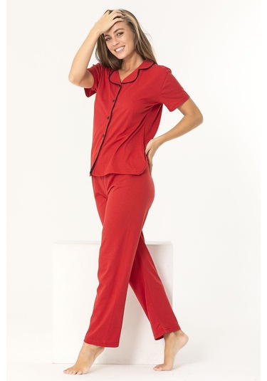 Kırmızı Renk Biyeli Pamuklu Kısa Kol Pijama Takımı Kırmızı