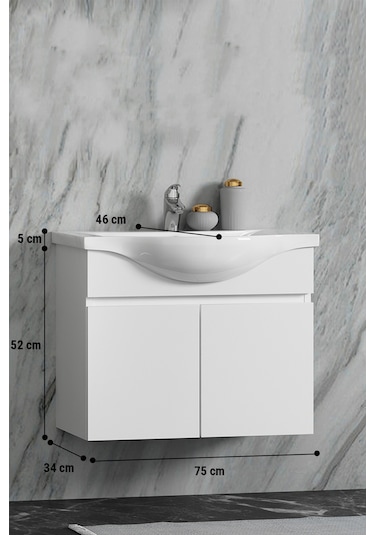 Yıldız 75 Cm Beyaz Mdf Seramik Lavabolu Asma Banyo Alt Dolabı Beyaz
