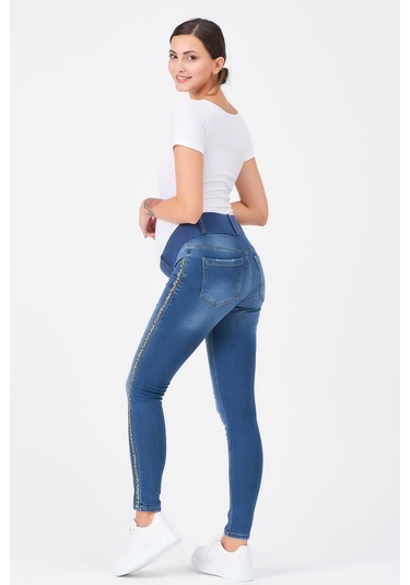 Busa Hamile Kot Pantolon Skinny Leoparlı Yan Şerit Mavi-mavi