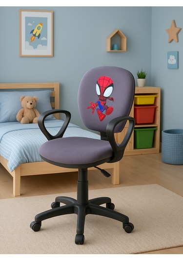 Örümcek Adam Desenli Çocuk Odası Ders Çalışma Sandalyesi Ofis Koltuğu Tekerlekli Çocuk Sandalyesi Gri - Kırmızı