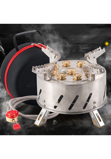 Mufunye Taşra Kamp Ocağı 9 Bakır Alev Girişi 12800w Yüksek Güçlü, Çekirdekli Tasarım, 1m Metal Hortumlu, Dış Mekan İçin Dayanıklı Paslanmaz Çelik Gri