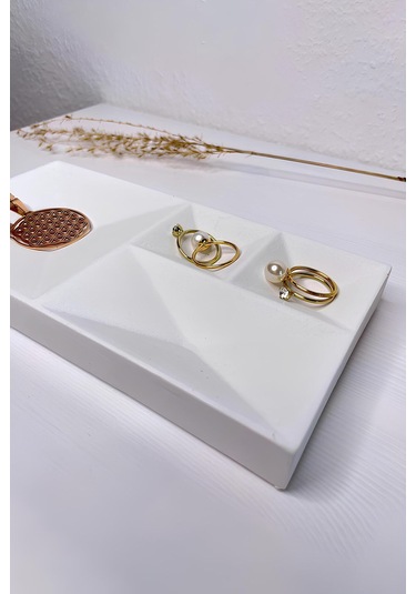 Beton Geometrik Takı Organizer Yüzük, Kolye, Küpe Ve Saat Düzenleyici Dekoratif Tepsi Beyaz