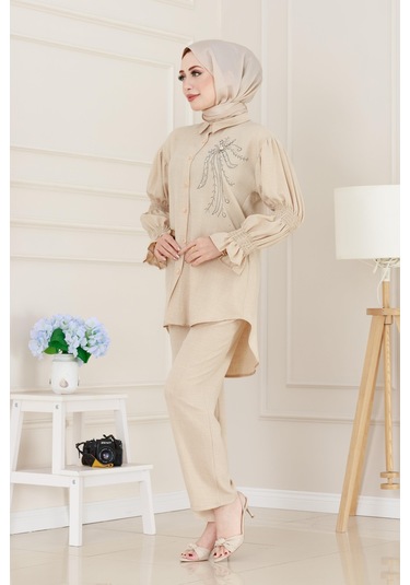 Önü Taşlı Kolu Lastikli İkili Takım-bej-5098 Bej