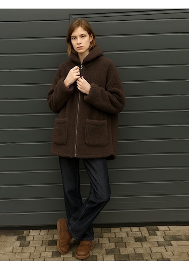 Uzun Kollu Kapüşonlu Fermuarlı Polar Kahve Rengi Mont Kahve Rengi
