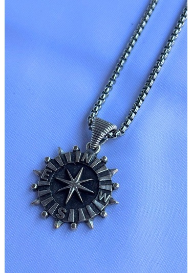 Pusulalı El İşçiliği Paslanmaz Çelik Zincir Erkek Kolye Gümüş