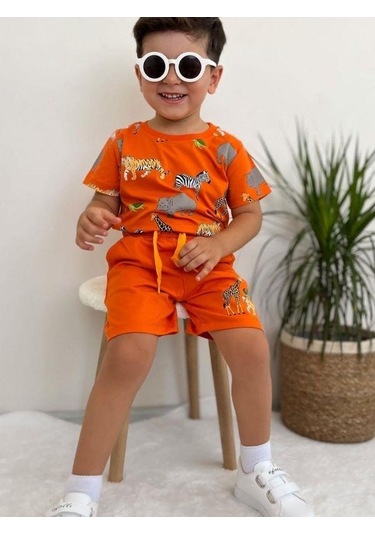 Erkek Bebek Pamuklu Hayvan Baskılı Şortlu Takım-14564 Turuncu