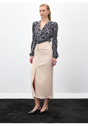 Sateen Gold Yan Aksesuarlı Etek - Bej-136885 Bej