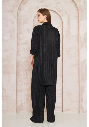Kadın Pliseli Beli Lastikli Pantolon Tunik Gömlek Ikili Bürümcük Salaş Takım 3573300 Siyah