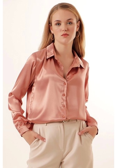 3964 Hafif Dökümlü Saten Gömlek - Camel CAMEL Camel