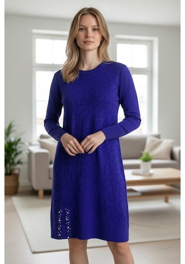 Kadın Önü Desenli Etek Yan Ucu Boncuklu Düşük Kol Tunik Mavi