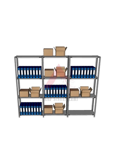 4 Katlı 3'lü Gri Renk Çelik Raf - Depo, Arşiv, Kiler, Dosya, Dosya Rafı 31x93 Cm-200 Cm Gri