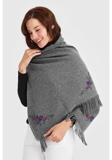 Desen Triko Kadın Triko Kenarı Çiçekli Yün Şal 23224 Füme