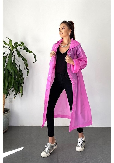 Unisex Kadın Ve Erkek Yağmurluk %100 Eva Çıtçıtlı Kapüşonlu Pembe