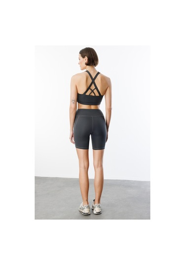 Yüksek Bel Toparlayıcı Çift Cepli Biker Şort Kısa Spor Tayt Kısa-tayt Füme