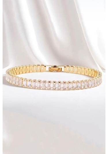 Kadın 316 L Çelik Vip Seri Antialerjik Baget Zirkon Taşlı Su Yolu Bileklik Ölçüleri 17cm + 3 Cm Uzatma 7 Mm Taş Boyutu-5210 Altın