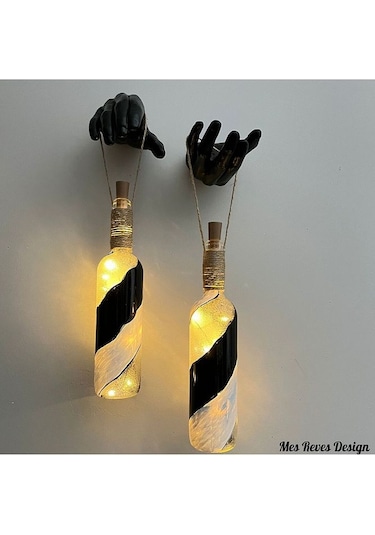 Siyah Heykel El Dekorlu Pilli Led Işıklı Vitray Cam Şarap Şişesi Çok Renkli