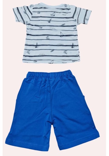 Riccotarz Erkek Bebek Çapa Baskılı Kısa Kol Çizgili Tişört Mavi Şortlu Takım Mavi