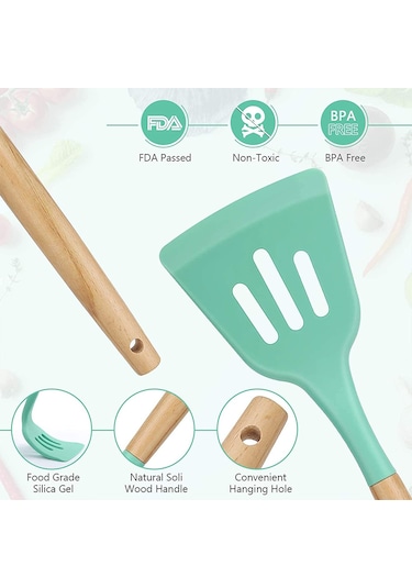Isıya Dayanıklı Silikon Mutfak Gereçleri, Ergonomik Ahşap Saplı Toksik Olmayan Pişirme Gereçleri, Yapışmaz Tencere, Kaşık Ve Çorba Kepçesi İçin Mükemmel