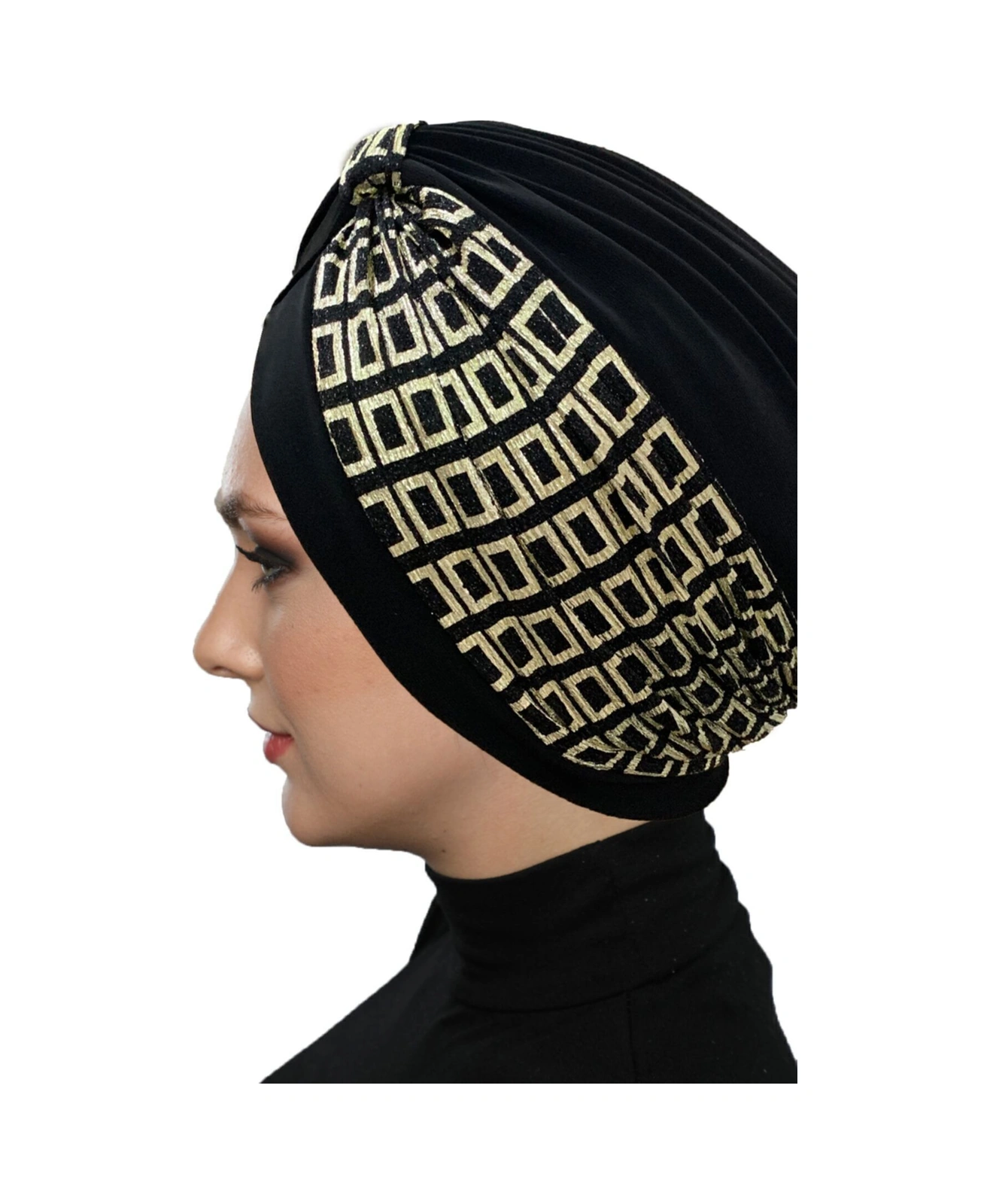 Özel Tasarım Siyah Üzeri Altın Ekose Desenli Astarlı Hazır Türban Tesettür Abiye Bone Siyah2