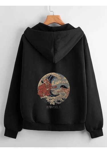 Altamira Unisex Siyah Yuvarlak Sırt Baskılı Ince Mevsimlik Kapşonlu Oversize Hırka 001