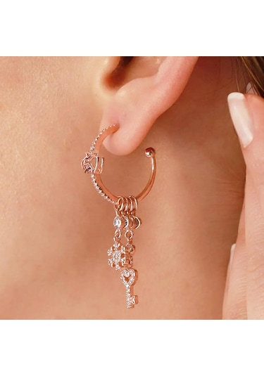 Melek Figürlü Rose Gold Kaplama Gümüş Charm Küpe Gümüş