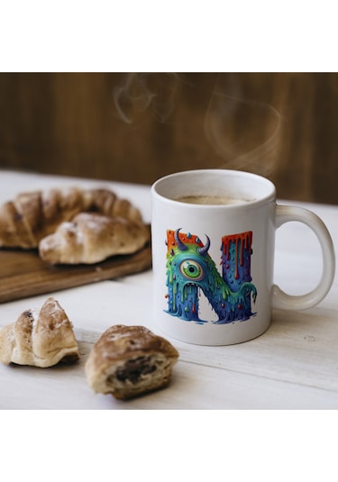 N Harfi Bardak, Sevimli Canavarlar Harflı Bardak Hediyesi Porselen Beyaz