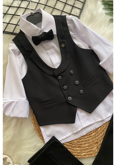 Katlama Detay Yelekli Rozetli Çocuk Takım Elbise Siyah