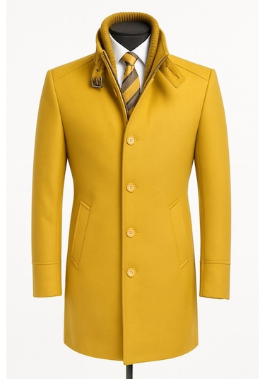 Erkek Slim Fit Kaşe Kaban Çıkarılabilir Ribanalı Fermuarlı Yaka, S Xxl HARDAL