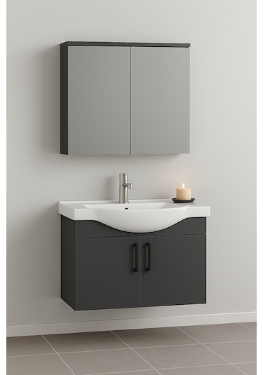 Nova 80 Cm Antrasit Mdf, Oval Seramik Lavabo, Banyo Dolabı Takımı Antrasit