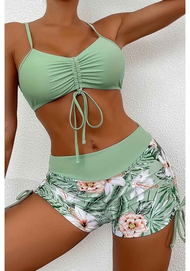 Angelsin Büzgü Ayarlı Baskılı Bikini Takımı Yeşil
