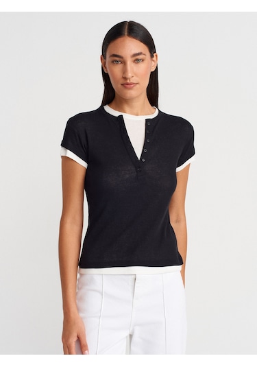 Dilvin 31783 Çift Katlı Düğmeli T-shirt-siyah SIYAH