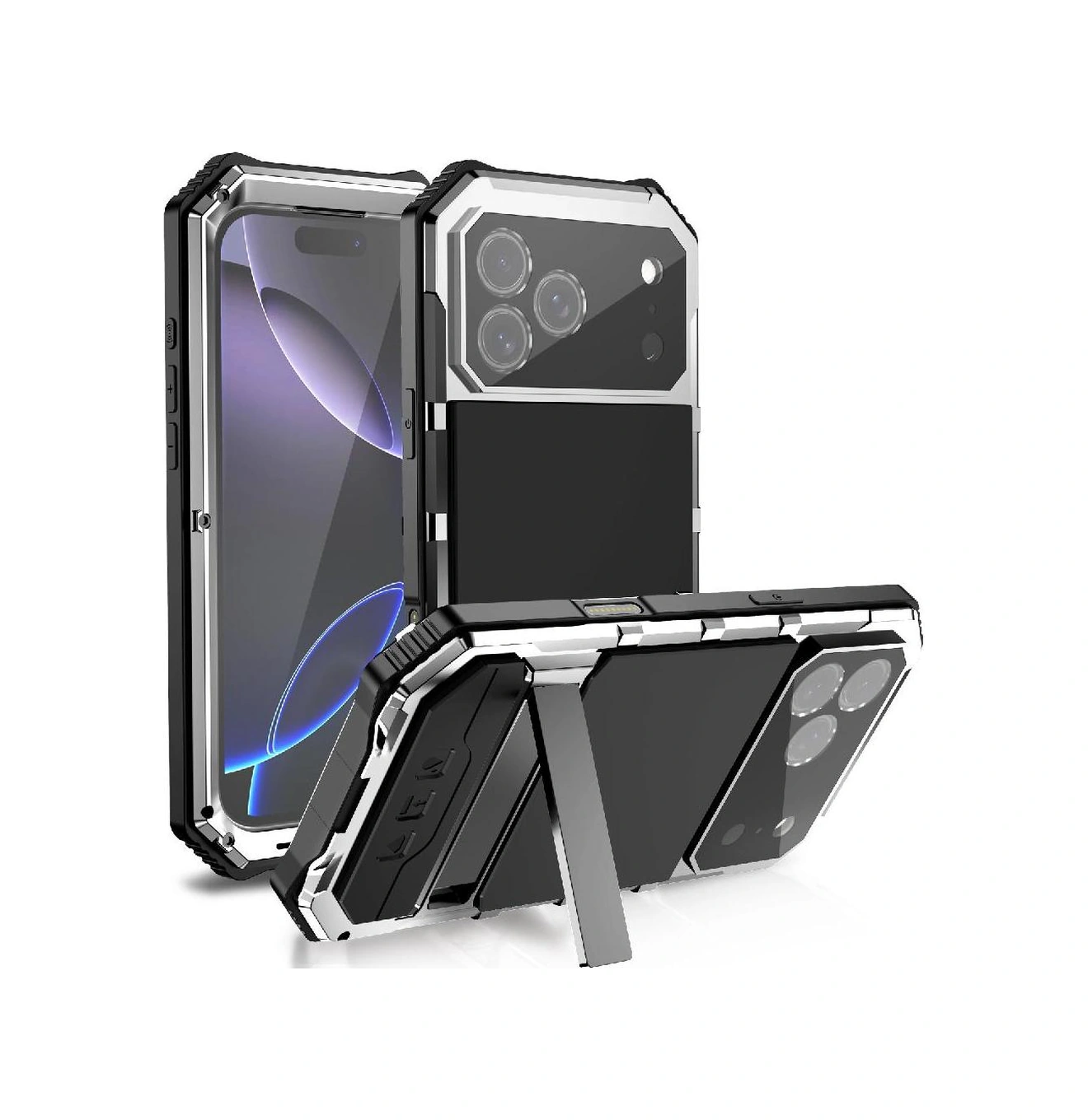 İphone 17 Pro Max İçin Metal Kılıf 360 Tam Vücut Koruyucu Kapak Standlı Ağır Hizmet Dayanıklı Şok Geçirmez Cam Ekran Koruyucu