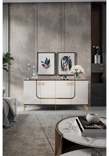 ART KONSOL MDF MEBRAN KAPAK CEVİZ KREM GOLD